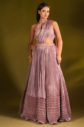 Mauve Satin Organza Sculpted Pleated Lehenga with Halter Neck Embellished Blouse